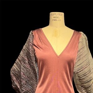 Pink Sheath Dress with Bishop Sleeves and V-Neck